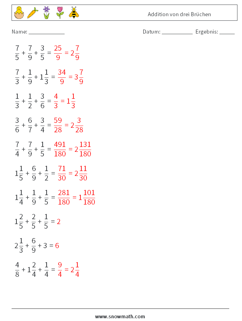 (10) Addition von drei Brüchen Mathe-Arbeitsblätter 12 Frage, Antwort