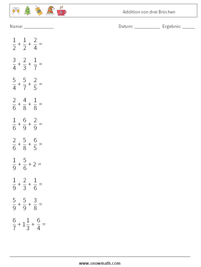 (10) Addition von drei Brüchen Mathe-Arbeitsblätter 13