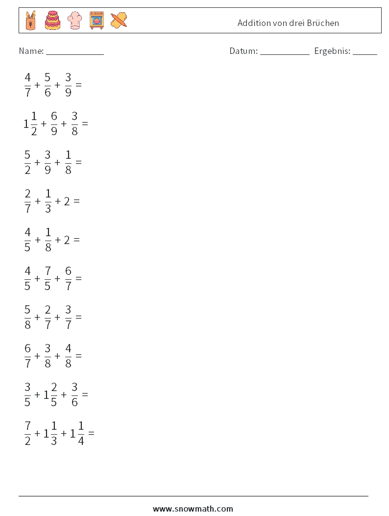 (10) Addition von drei Brüchen Mathe-Arbeitsblätter 14