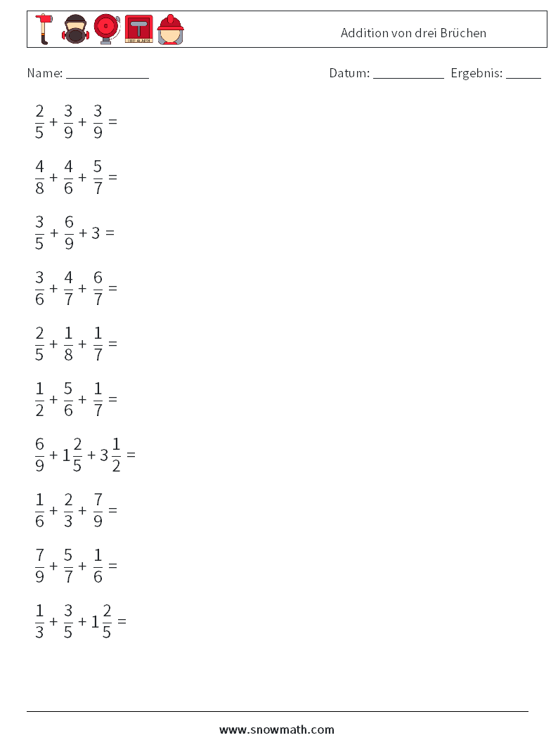 (10) Addition von drei Brüchen Mathe-Arbeitsblätter 15