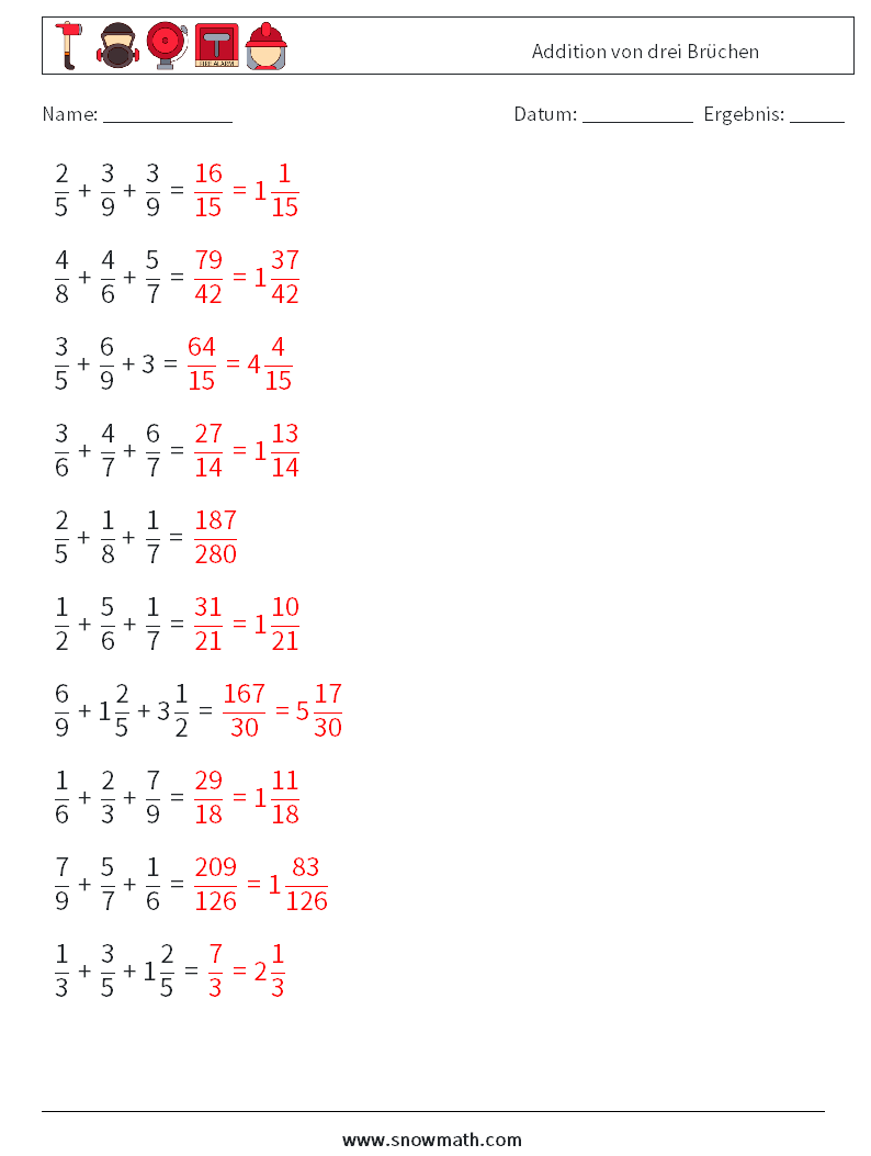 (10) Addition von drei Brüchen Mathe-Arbeitsblätter 15 Frage, Antwort