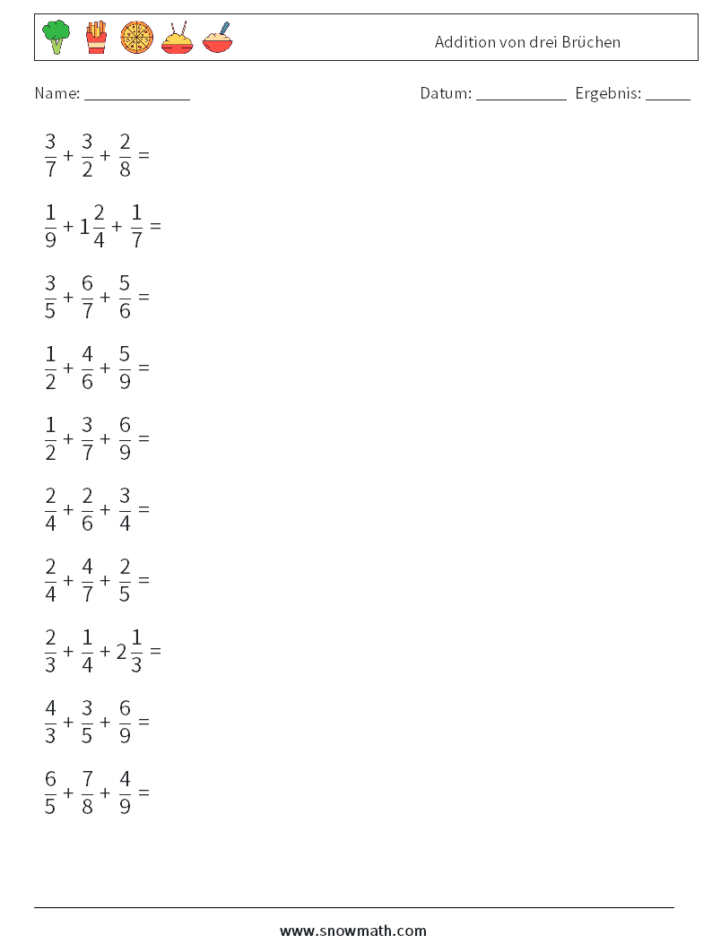 (10) Addition von drei Brüchen Mathe-Arbeitsblätter 16