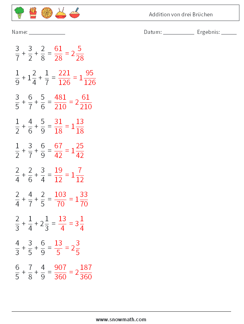 (10) Addition von drei Brüchen Mathe-Arbeitsblätter 16 Frage, Antwort