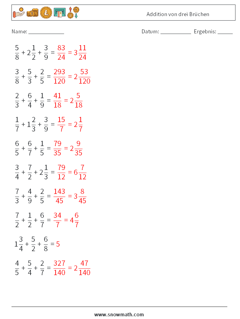 (10) Addition von drei Brüchen Mathe-Arbeitsblätter 17 Frage, Antwort