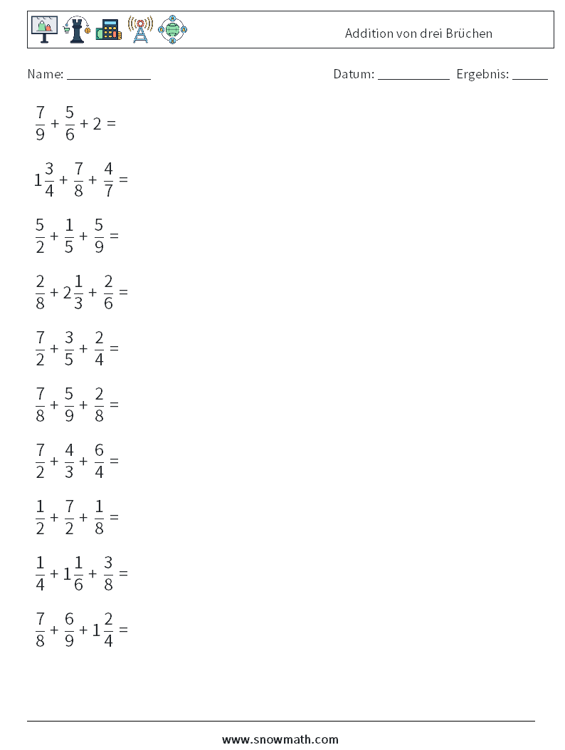 (10) Addition von drei Brüchen Mathe-Arbeitsblätter 18