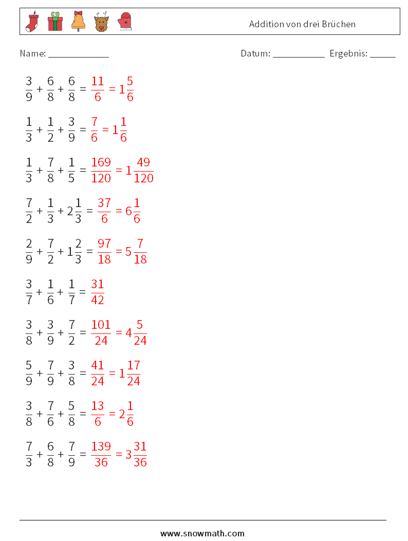 (10) Addition von drei Brüchen Mathe-Arbeitsblätter 1 Frage, Antwort