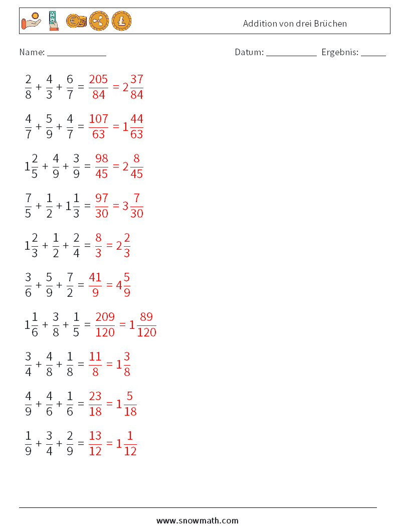 (10) Addition von drei Brüchen Mathe-Arbeitsblätter 2 Frage, Antwort