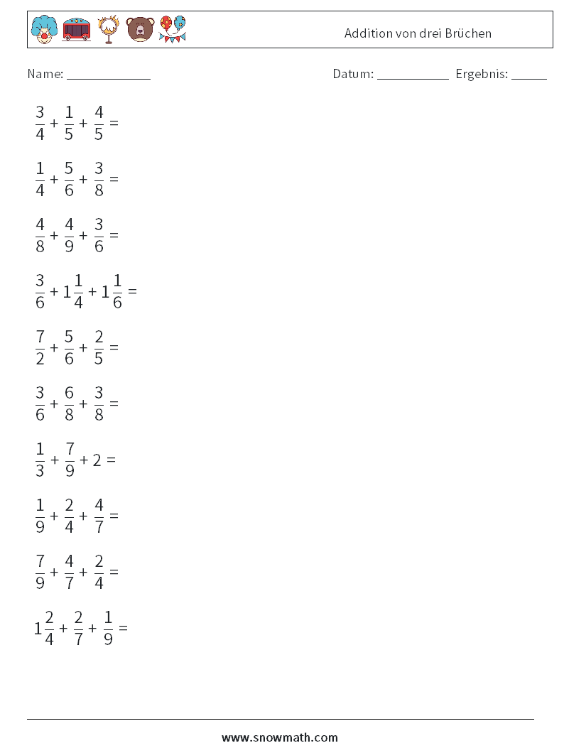 (10) Addition von drei Brüchen Mathe-Arbeitsblätter 3