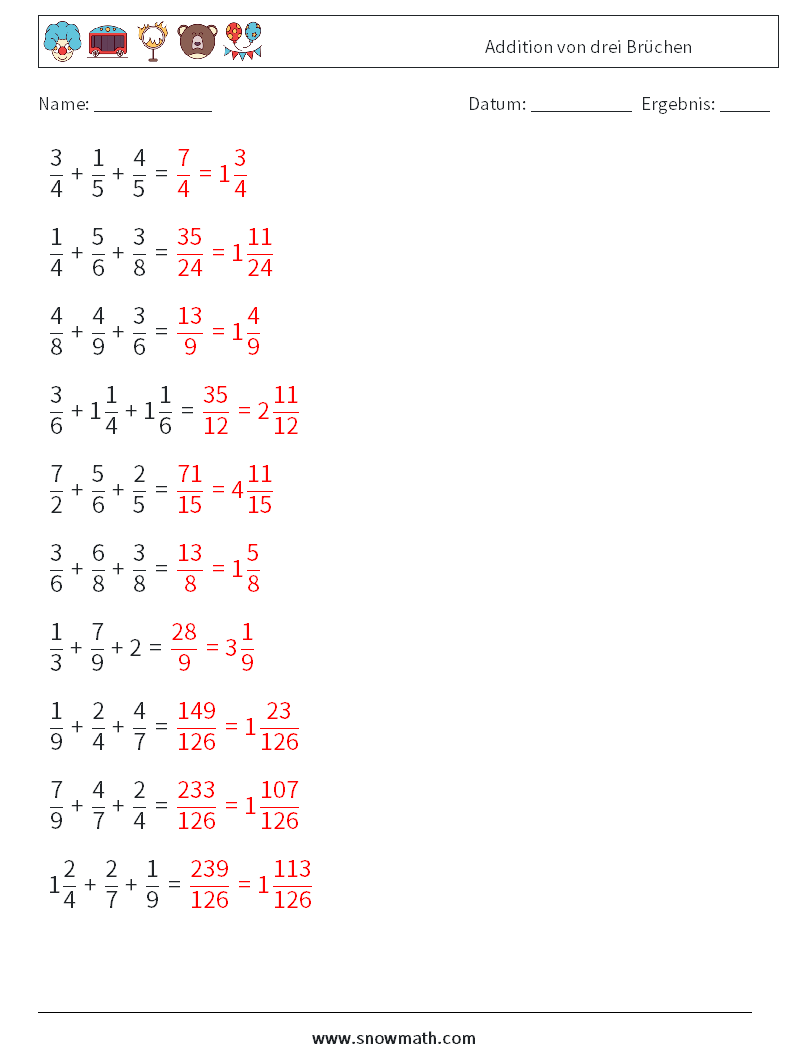 (10) Addition von drei Brüchen Mathe-Arbeitsblätter 3 Frage, Antwort