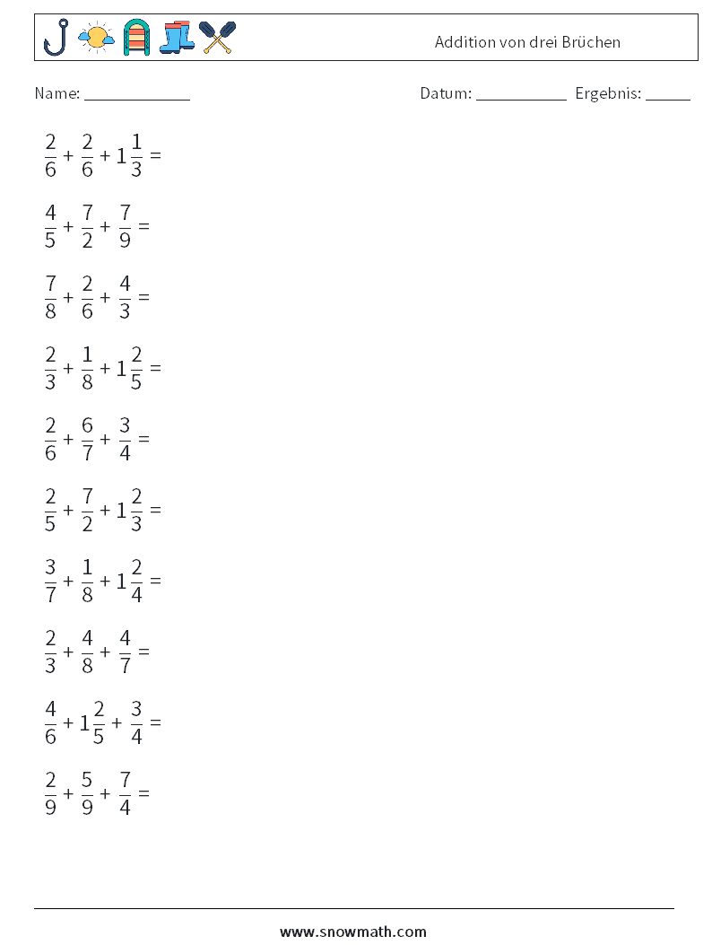 (10) Addition von drei Brüchen Mathe-Arbeitsblätter 4