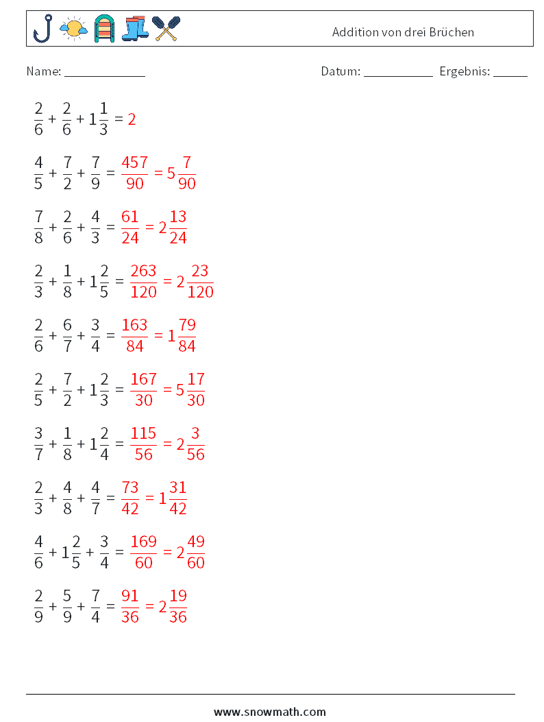 (10) Addition von drei Brüchen Mathe-Arbeitsblätter 4 Frage, Antwort