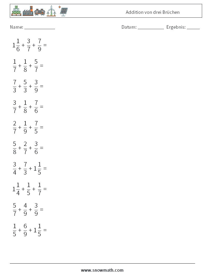 (10) Addition von drei Brüchen Mathe-Arbeitsblätter 5