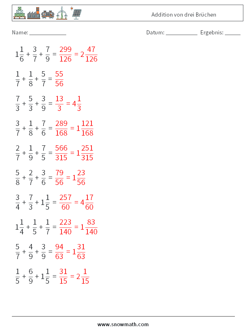 (10) Addition von drei Brüchen Mathe-Arbeitsblätter 5 Frage, Antwort