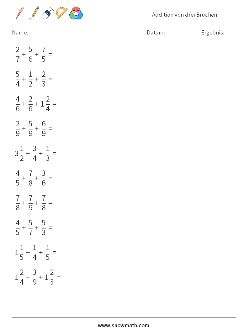 (10) Addition von drei Brüchen Mathe-Arbeitsblätter 6