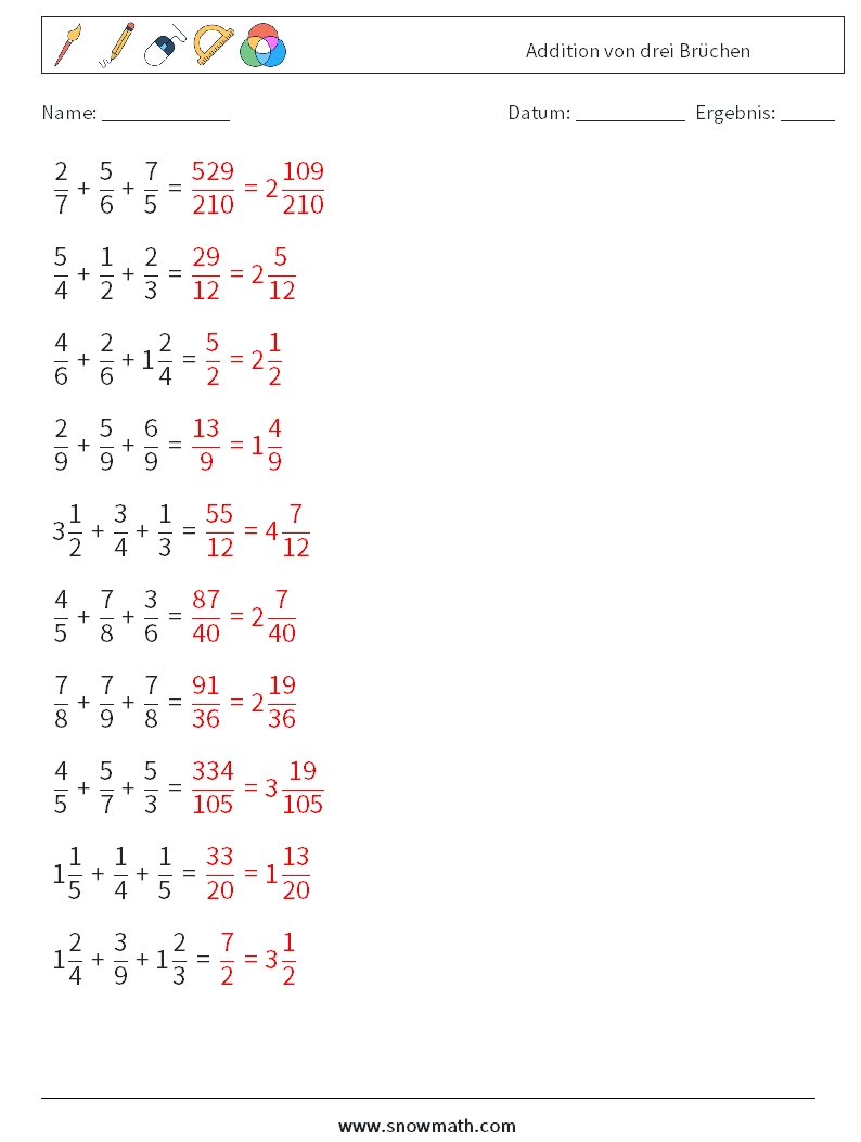 (10) Addition von drei Brüchen Mathe-Arbeitsblätter 6 Frage, Antwort