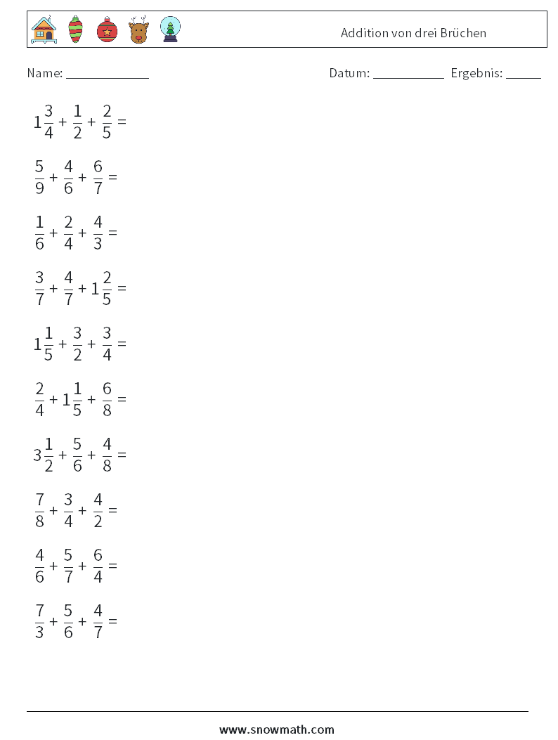 (10) Addition von drei Brüchen Mathe-Arbeitsblätter 7