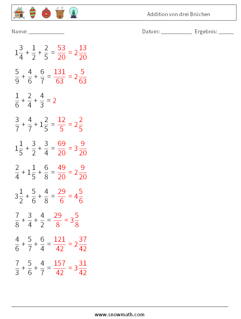 (10) Addition von drei Brüchen Mathe-Arbeitsblätter 7 Frage, Antwort