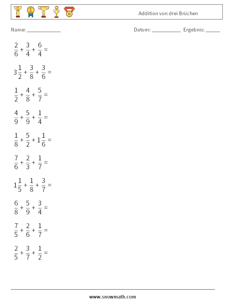 (10) Addition von drei Brüchen Mathe-Arbeitsblätter 8