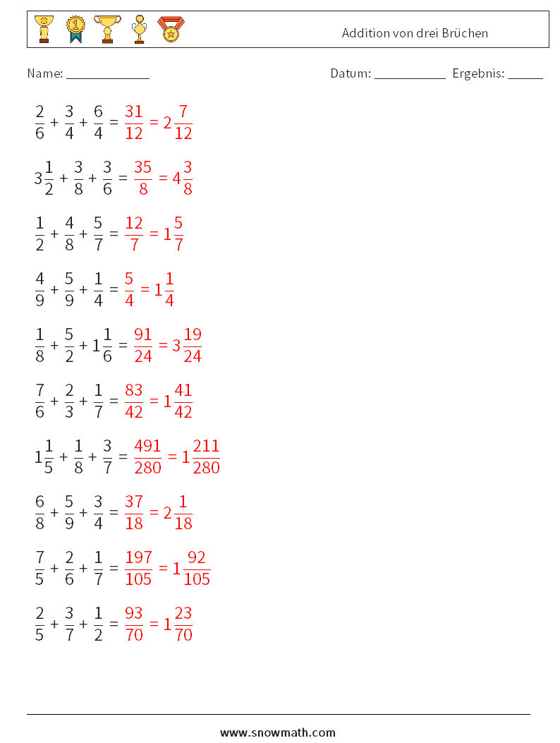 (10) Addition von drei Brüchen Mathe-Arbeitsblätter 8 Frage, Antwort