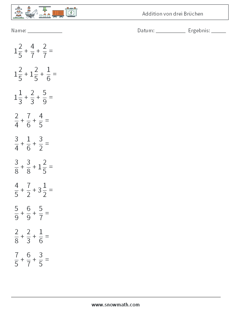 (10) Addition von drei Brüchen Mathe-Arbeitsblätter 9