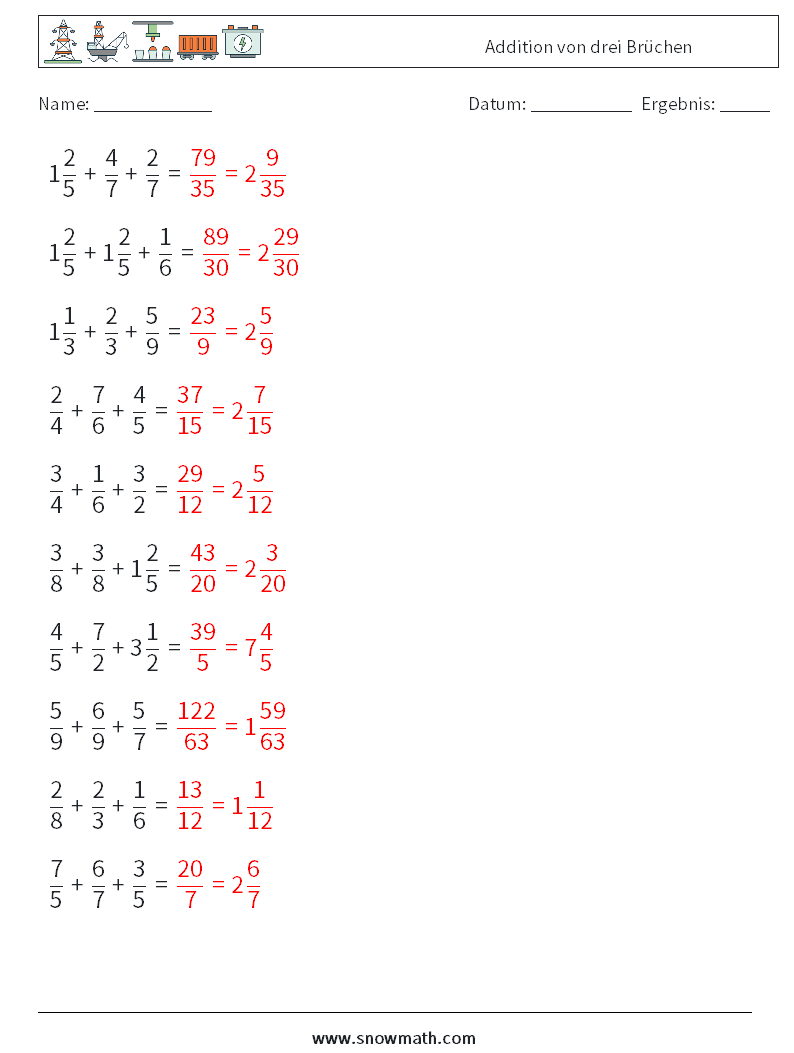 (10) Addition von drei Brüchen Mathe-Arbeitsblätter 9 Frage, Antwort