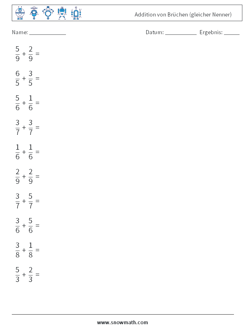 (10) Addition von Brüchen (gleicher Nenner) Mathe-Arbeitsblätter 1