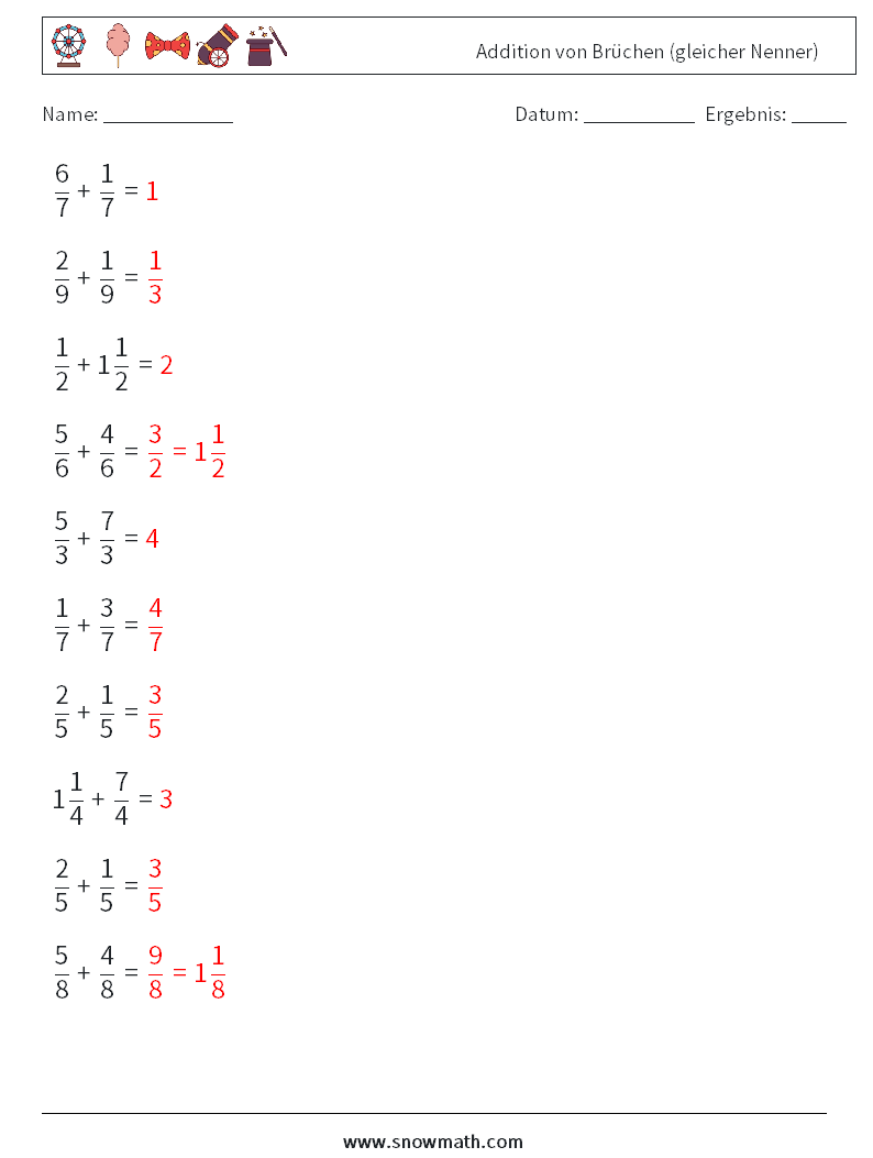 (10) Addition von Brüchen (gleicher Nenner) Mathe-Arbeitsblätter 10 Frage, Antwort