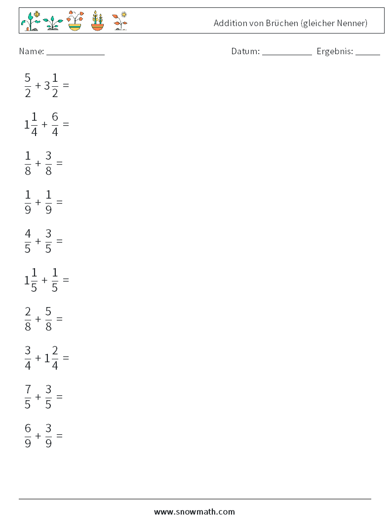 (10) Addition von Brüchen (gleicher Nenner) Mathe-Arbeitsblätter 11