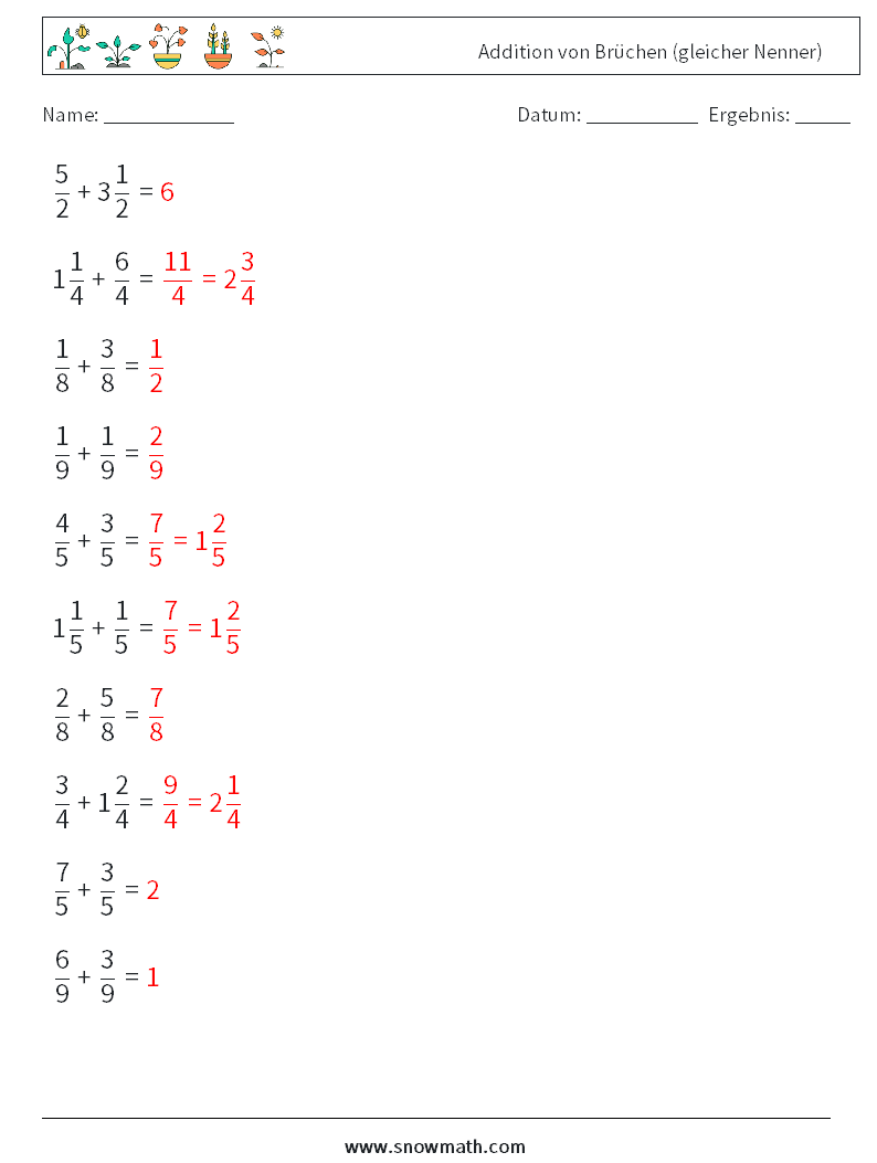 (10) Addition von Brüchen (gleicher Nenner) Mathe-Arbeitsblätter 11 Frage, Antwort