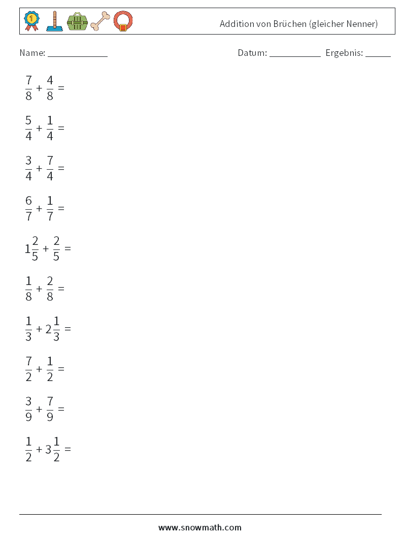 (10) Addition von Brüchen (gleicher Nenner) Mathe-Arbeitsblätter 12