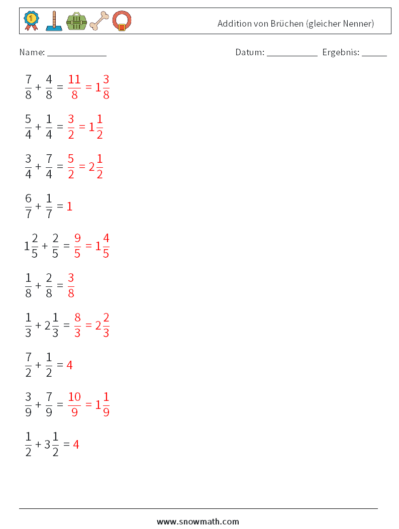 (10) Addition von Brüchen (gleicher Nenner) Mathe-Arbeitsblätter 12 Frage, Antwort