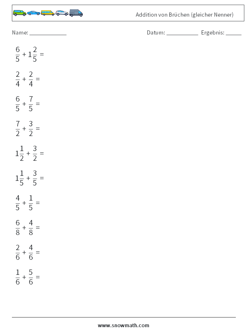 (10) Addition von Brüchen (gleicher Nenner) Mathe-Arbeitsblätter 14