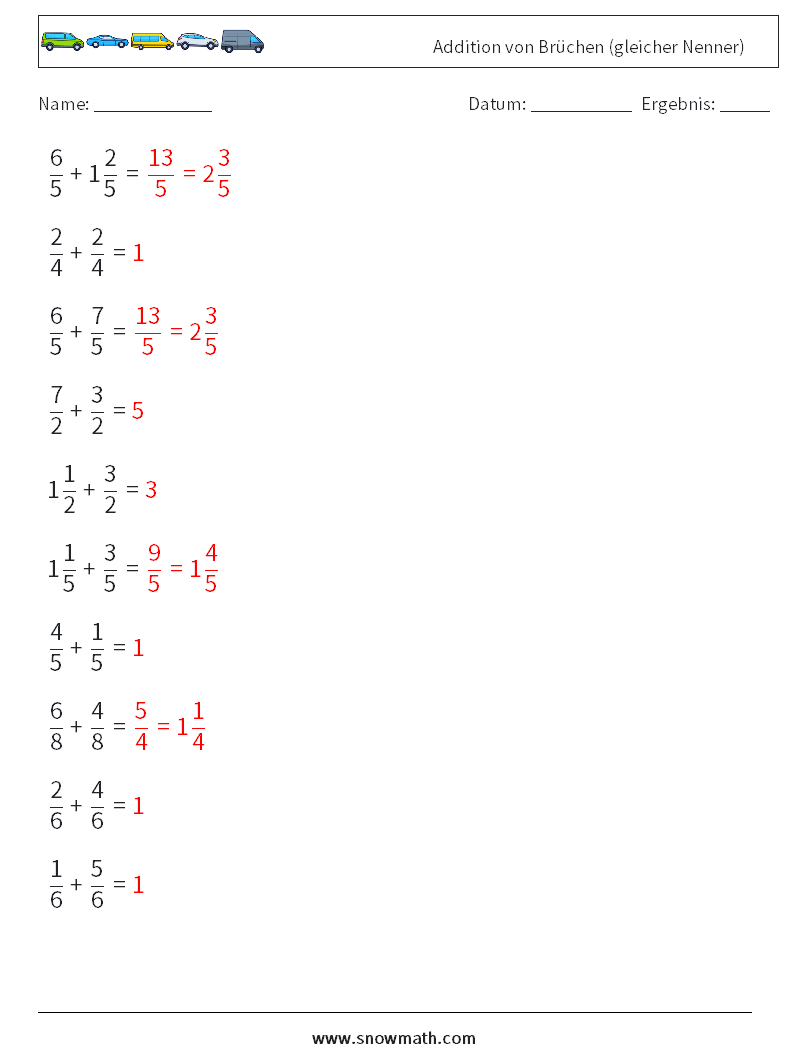 (10) Addition von Brüchen (gleicher Nenner) Mathe-Arbeitsblätter 14 Frage, Antwort