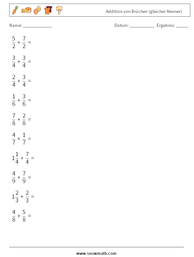 (10) Addition von Brüchen (gleicher Nenner) Mathe-Arbeitsblätter 15