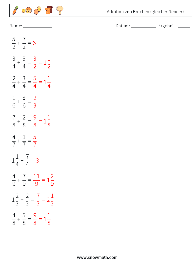 (10) Addition von Brüchen (gleicher Nenner) Mathe-Arbeitsblätter 15 Frage, Antwort