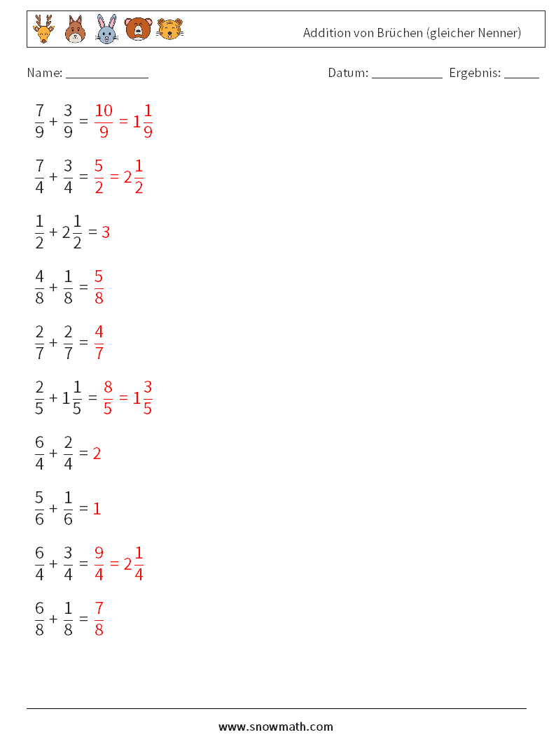 (10) Addition von Brüchen (gleicher Nenner) Mathe-Arbeitsblätter 16 Frage, Antwort