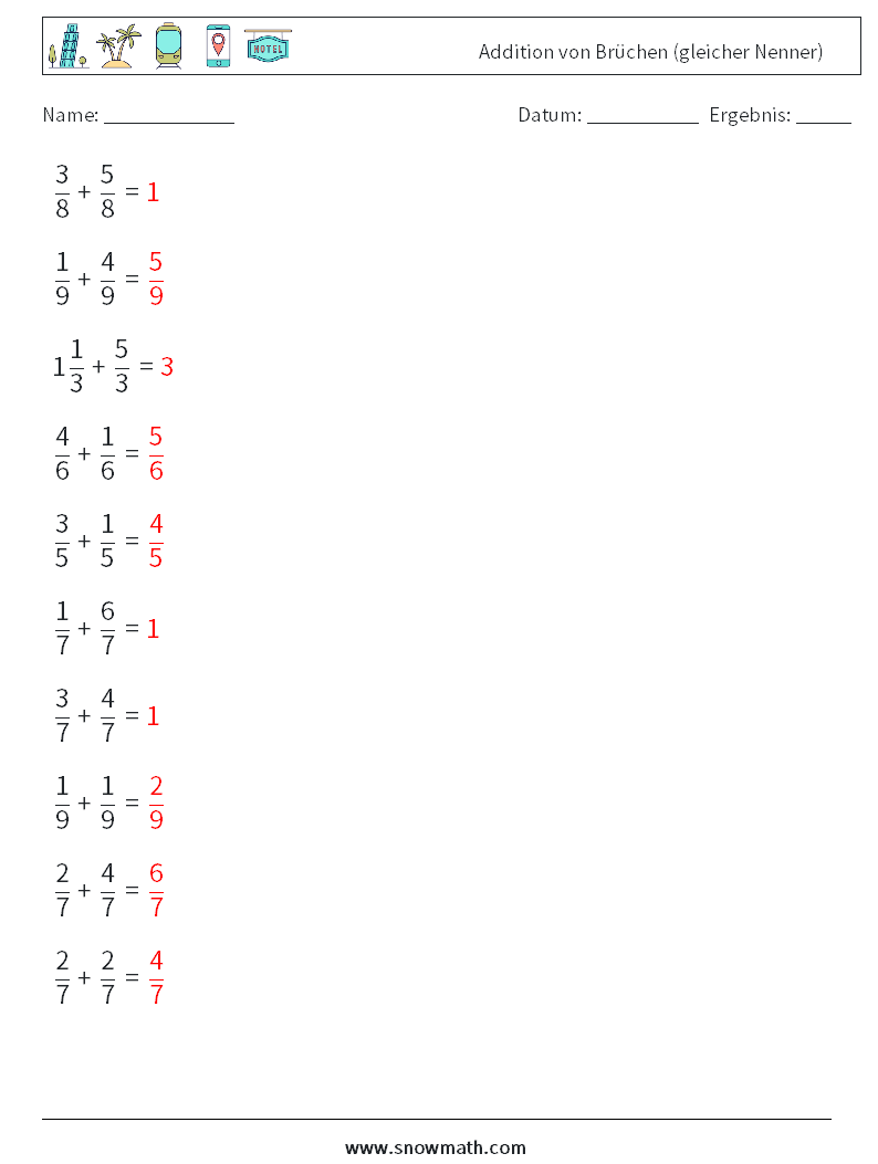 (10) Addition von Brüchen (gleicher Nenner) Mathe-Arbeitsblätter 17 Frage, Antwort