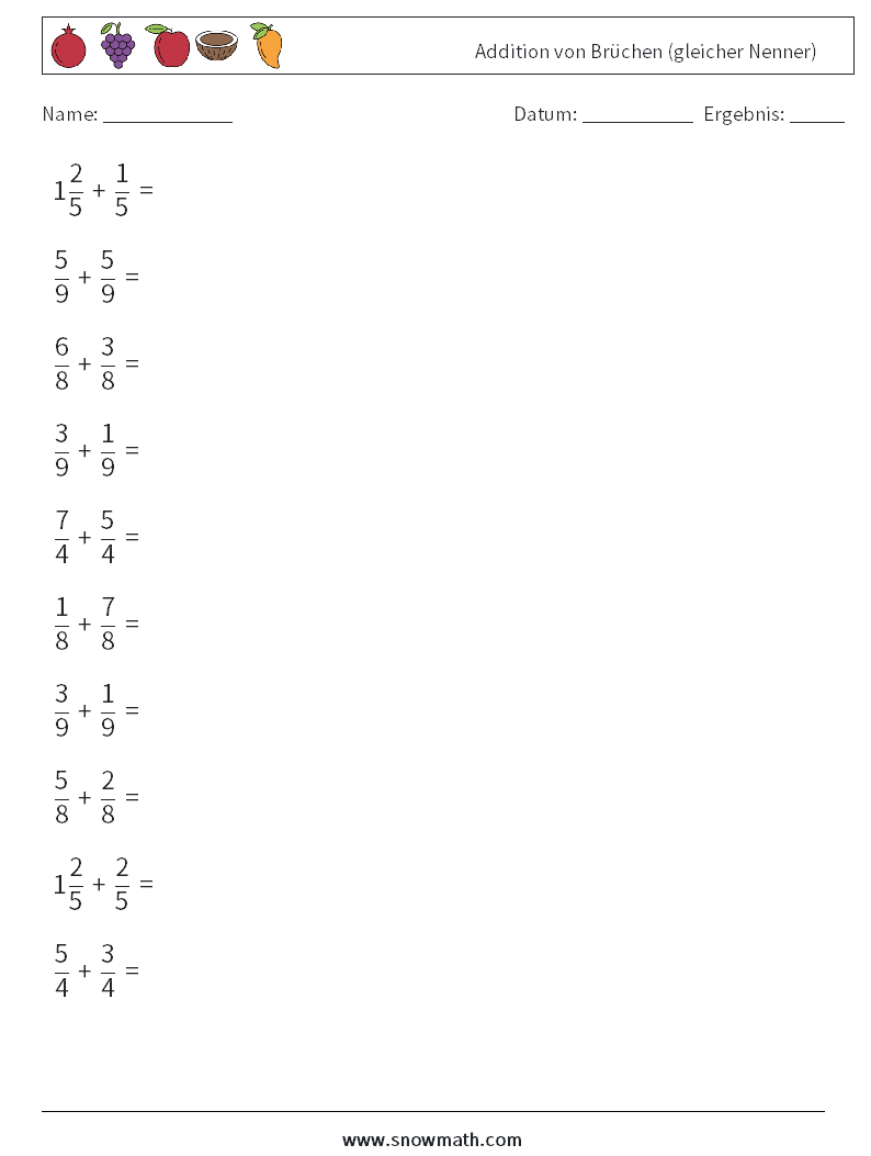 (10) Addition von Brüchen (gleicher Nenner) Mathe-Arbeitsblätter 18