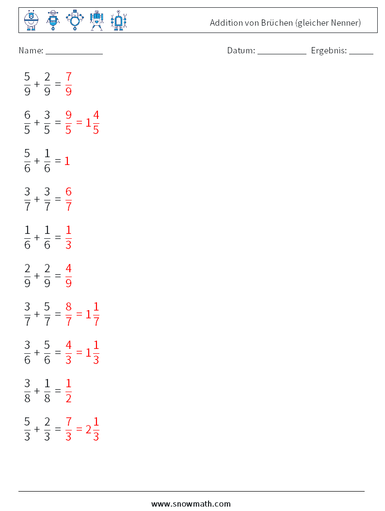 (10) Addition von Brüchen (gleicher Nenner) Mathe-Arbeitsblätter 1 Frage, Antwort