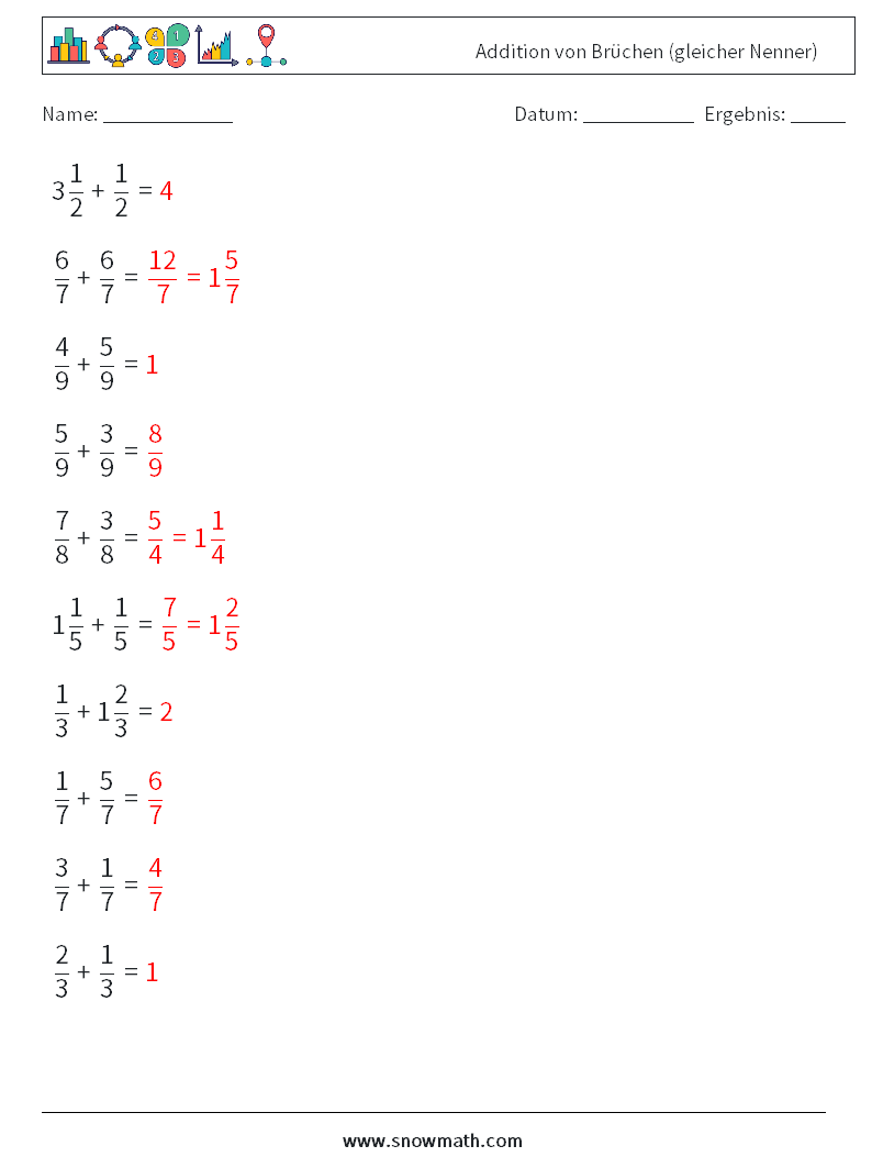 (10) Addition von Brüchen (gleicher Nenner) Mathe-Arbeitsblätter 2 Frage, Antwort