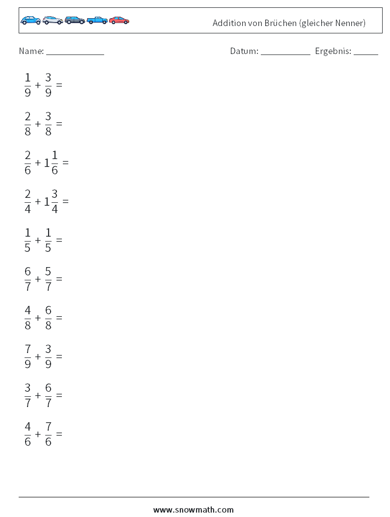 (10) Addition von Brüchen (gleicher Nenner) Mathe-Arbeitsblätter 3