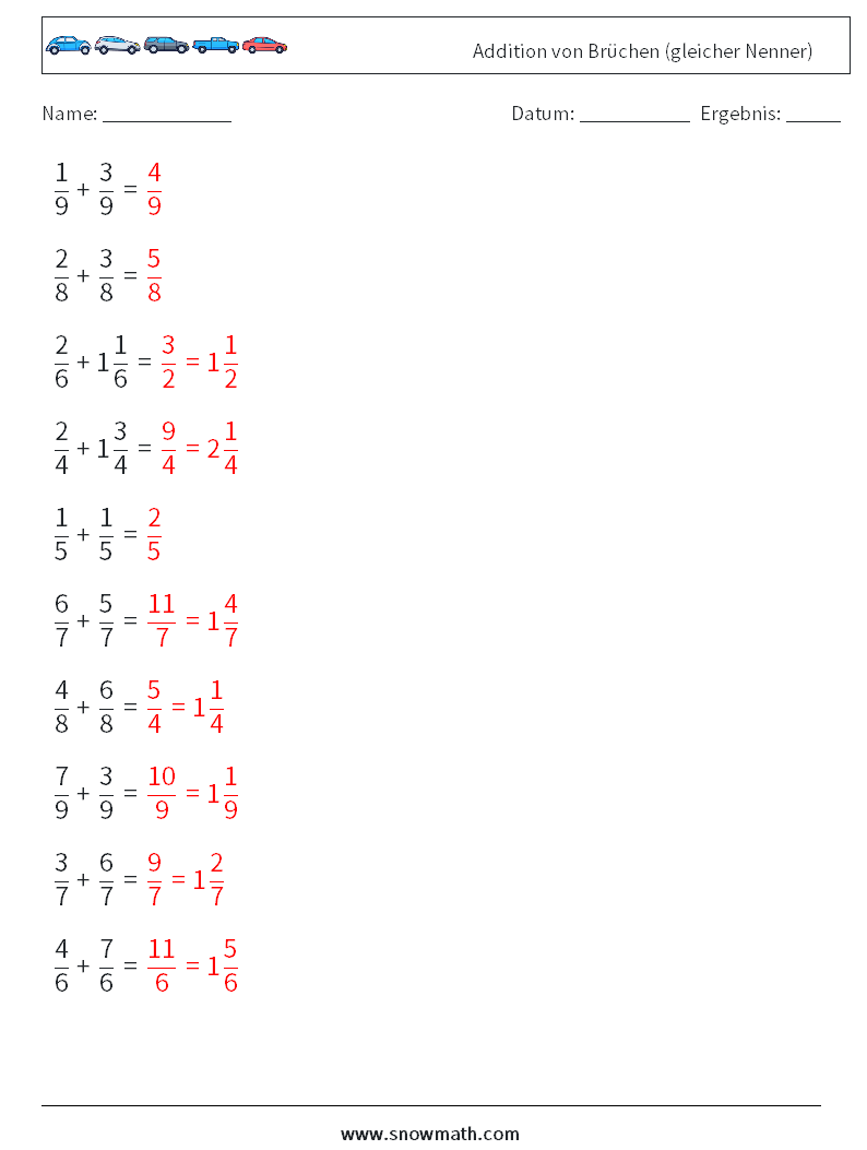 (10) Addition von Brüchen (gleicher Nenner) Mathe-Arbeitsblätter 3 Frage, Antwort