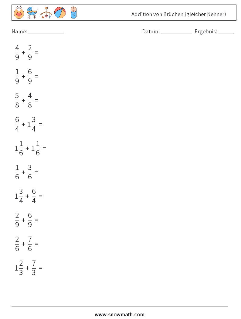 (10) Addition von Brüchen (gleicher Nenner) Mathe-Arbeitsblätter 4