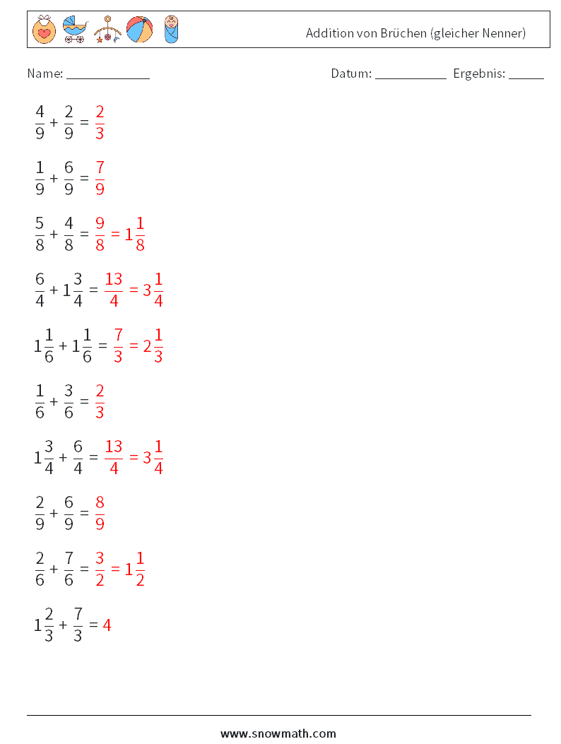 (10) Addition von Brüchen (gleicher Nenner) Mathe-Arbeitsblätter 4 Frage, Antwort