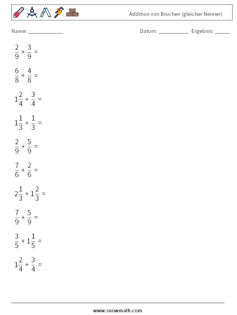 (10) Addition von Brüchen (gleicher Nenner) Mathe-Arbeitsblätter 5