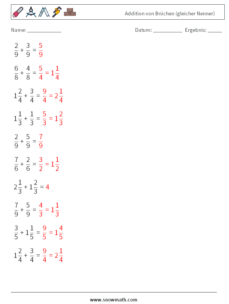 (10) Addition von Brüchen (gleicher Nenner) Mathe-Arbeitsblätter 5 Frage, Antwort