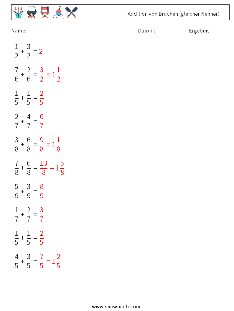 (10) Addition von Brüchen (gleicher Nenner) Mathe-Arbeitsblätter 6 Frage, Antwort