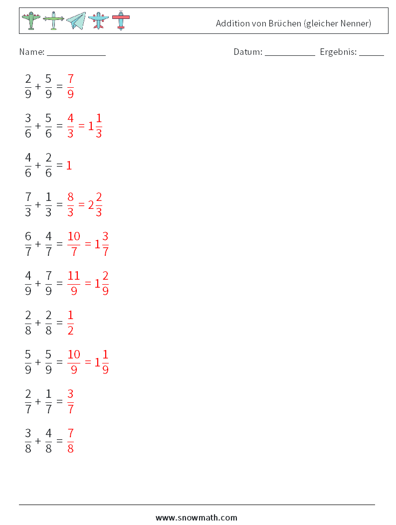 (10) Addition von Brüchen (gleicher Nenner) Mathe-Arbeitsblätter 7 Frage, Antwort