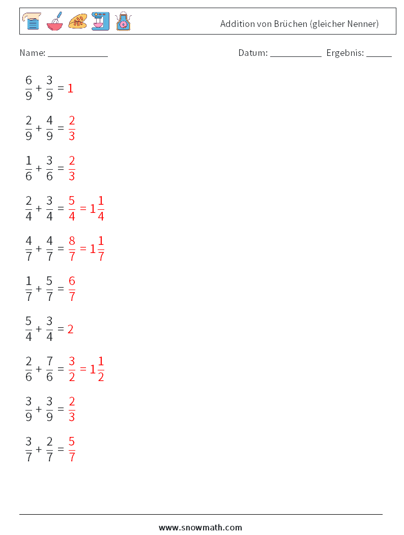 (10) Addition von Brüchen (gleicher Nenner) Mathe-Arbeitsblätter 8 Frage, Antwort