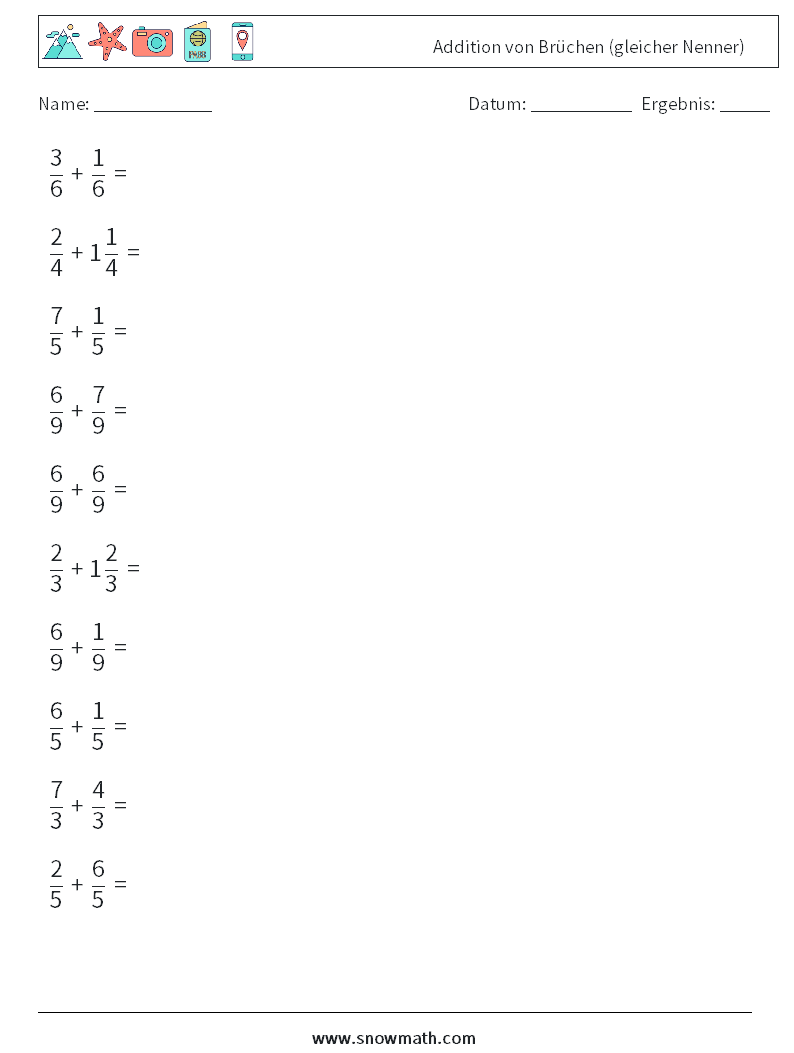 (10) Addition von Brüchen (gleicher Nenner) Mathe-Arbeitsblätter 9